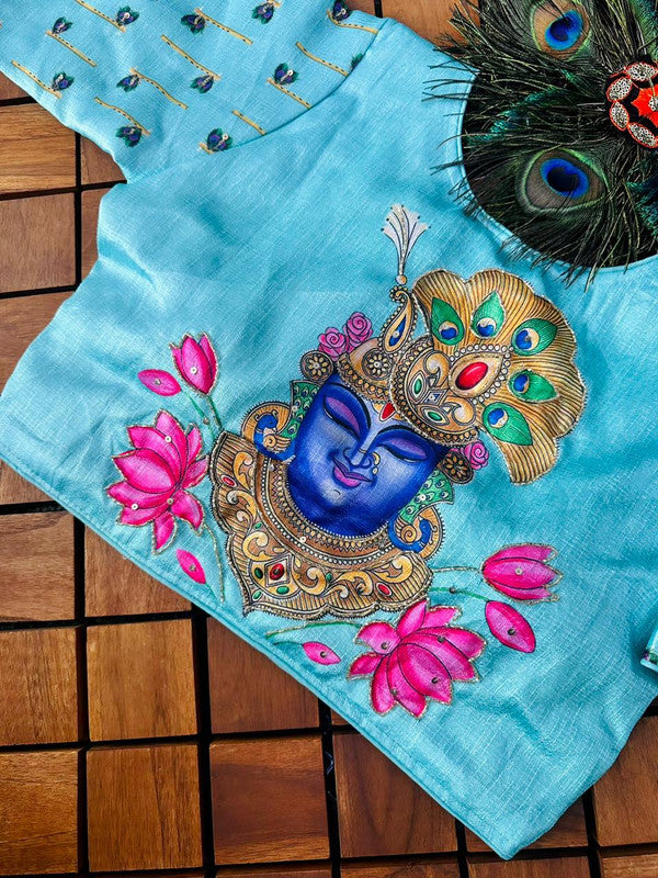 Sky Blue & Multi Coloured Pure Silk with Antique Hand work Woman Ready made Botique Style Sri Krishna Design Blouse- Free Size Up to 42 Inch!!