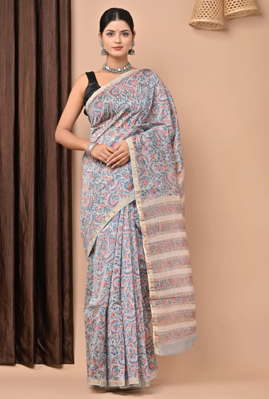 Sky Blue & Multi Coloured Hand Block Printed Women Designer Party wear Chanderi Cotton Silk Saree with Runnin Blouse!!