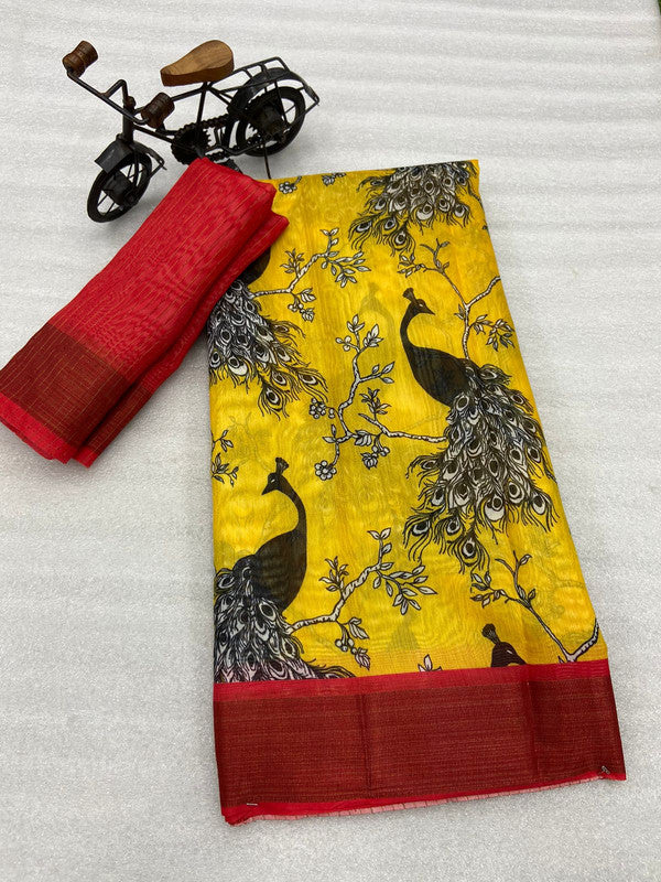 Mustard Yellow & Multi Coloured Tussar Cotton with Digital Print with weaving Chit (lining) Pallu Women Designer Party /Daily wear Saree with Blouse!!