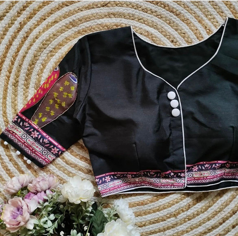 Black & Multi Coloured Pure Silk with Digital Printed & Hand work Woman Ready made Designer Botique Style Navaratri Concept Blouse- Free Size Up to 42 Inch!!