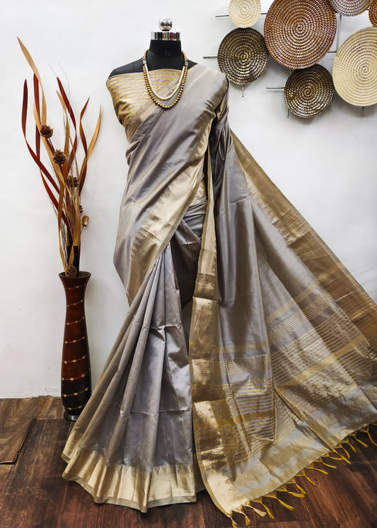 Grey & Gold Coloured Aasam Silk Weaving saree with Zari woven Temple Border Women Designer Party wear Silk Saree with Blouse!!