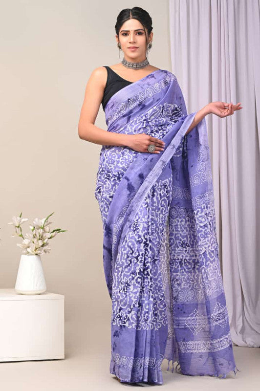 Purple & White Coloured Exclusive Hand Block printed Women Daily/Party wear Linen Cotton Saree with Blouse!!