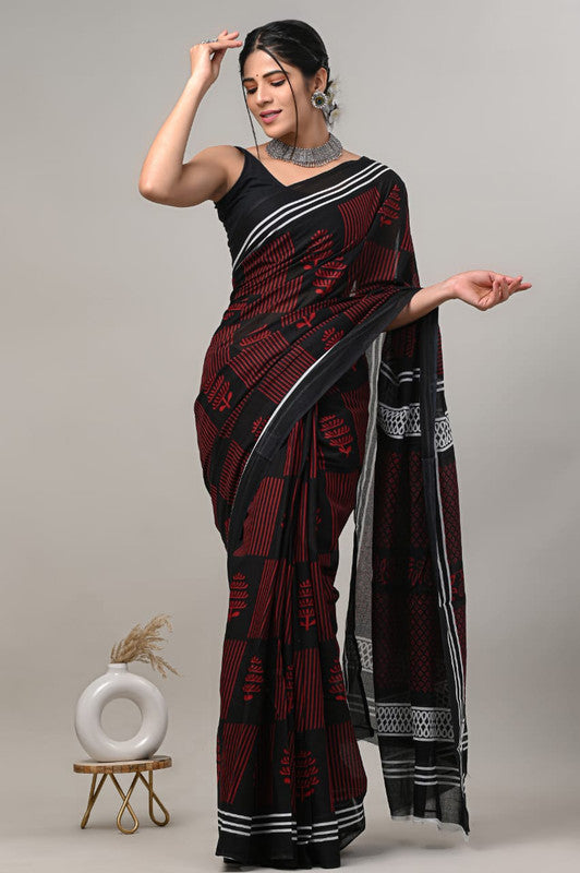 Black & Maroon Coloured Beautiful Hand Block printed Women Daily/Party wear Pure Cotton Saree with Blouse!!