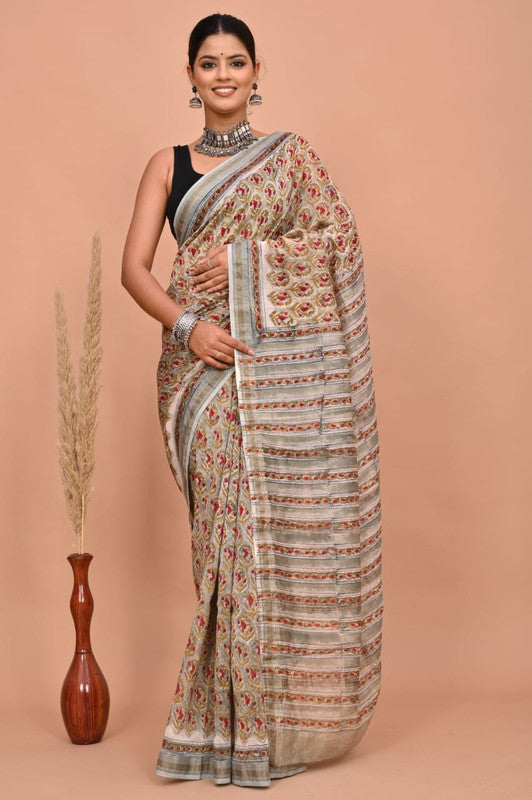 Multi Coloured Hand Block Printed Women Designer Party wear Maheshwari Cotton Silk Saree with Runnin Blouse!!