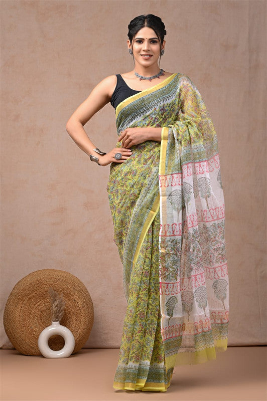 Mehendi Green & Multi Coloured Hand Block Printed Women Designer Party wear Kota Doria Cotton Saree with Runnin Blouse!!