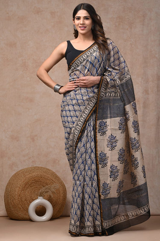 Blue & Multi Coloured Hand Block Printed Women Designer Party wear Chanderi Cotton Silk Saree with Runnin Blouse!!