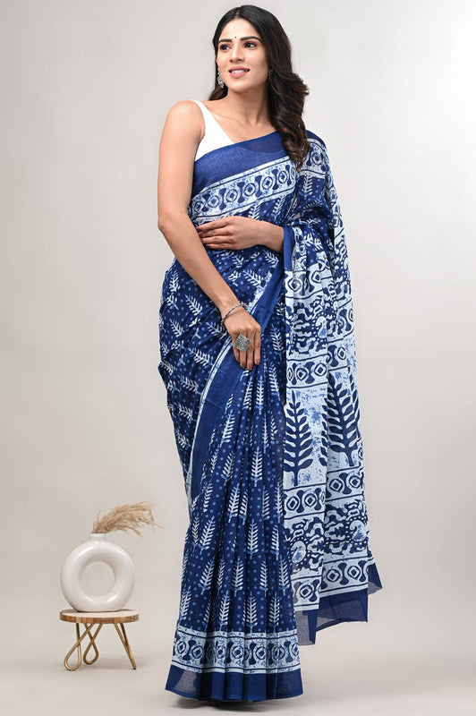 Blue & White Coloured Beautiful Hand Block printed Women Daily/Party wear Pure Cotton Saree with Blouse!!