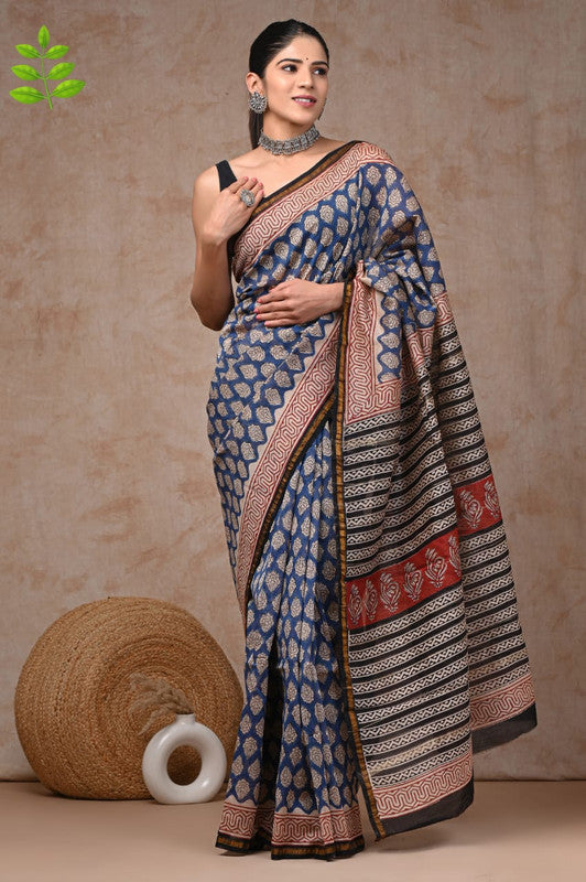 Blue & Multi Coloured Hand Block Printed Women Designer Party wear Chanderi Cotton Silk Saree with Runnin Blouse!!