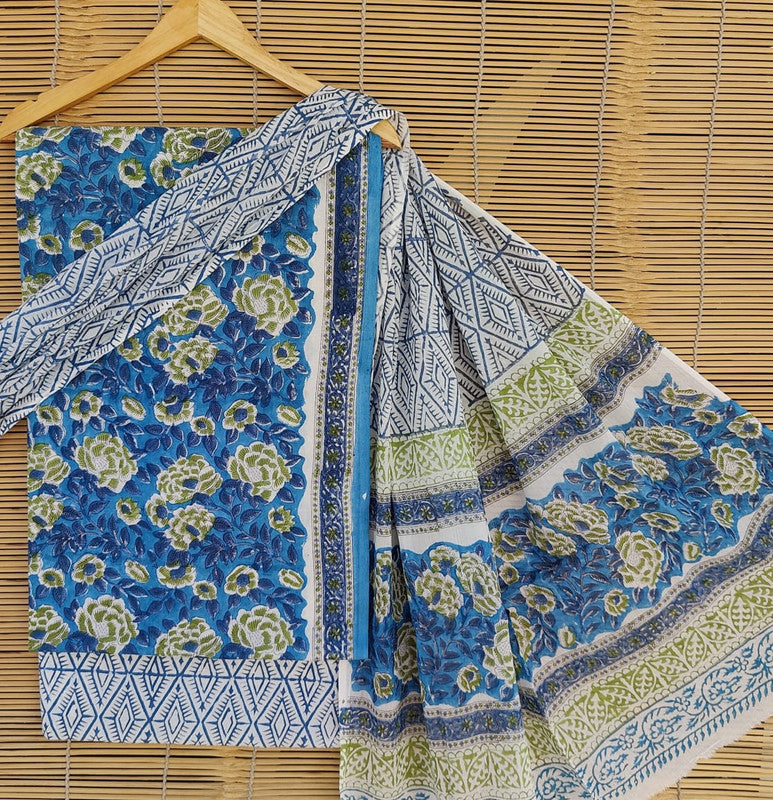 Blue & Multi Coloured Unstitched Pure Cotton Hand Block Printed Women Party/Daily wear Dress Material Suit- Top with Bottom & Cotton Dupatta!!