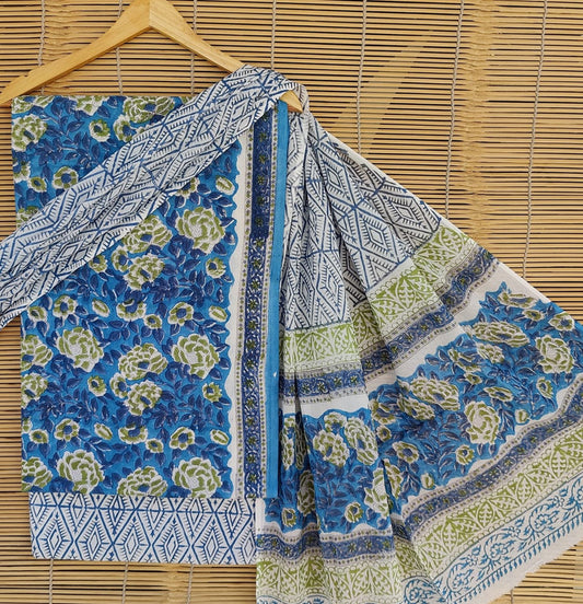 Blue & Multi Coloured Unstitched Pure Cotton Hand Block Printed Women Party/Daily wear Dress Material Suit- Top with Bottom & Cotton Dupatta!!