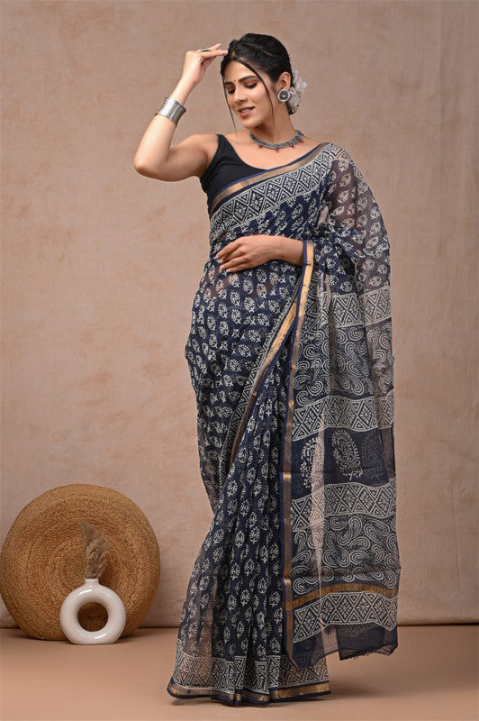 Grey & White Coloured Hand Block Printed Women Designer Party wear Kota Doria Cotton Saree with Runnin Blouse!!