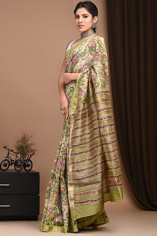 Green & Multi Coloured Hand Block Printed Women Designer Party wear Maheshwari Cotton Silk Saree with Runnin Blouse!!