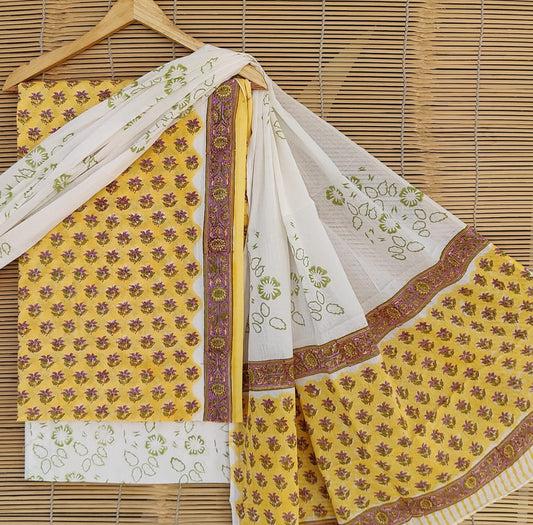 Yellow & Multi Coloured Unstitched Pure Cotton Hand Block Printed Women Party/Daily wear Dress Material Suit- Top with Bottom & Cotton Dupatta!!