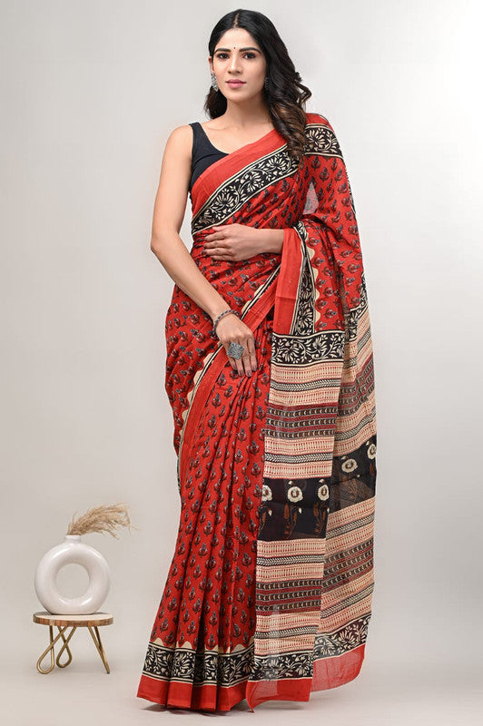 Red & Multi Coloured Beautiful Hand Block printed Women Daily/Party wear Pure Cotton Saree with Blouse!!