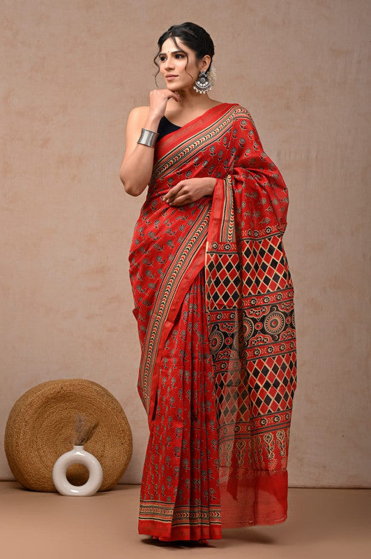 Red & Multi Coloured Hand Block Printed Women Designer Party wear Chanderi Cotton Silk Saree with Runnin Blouse!!