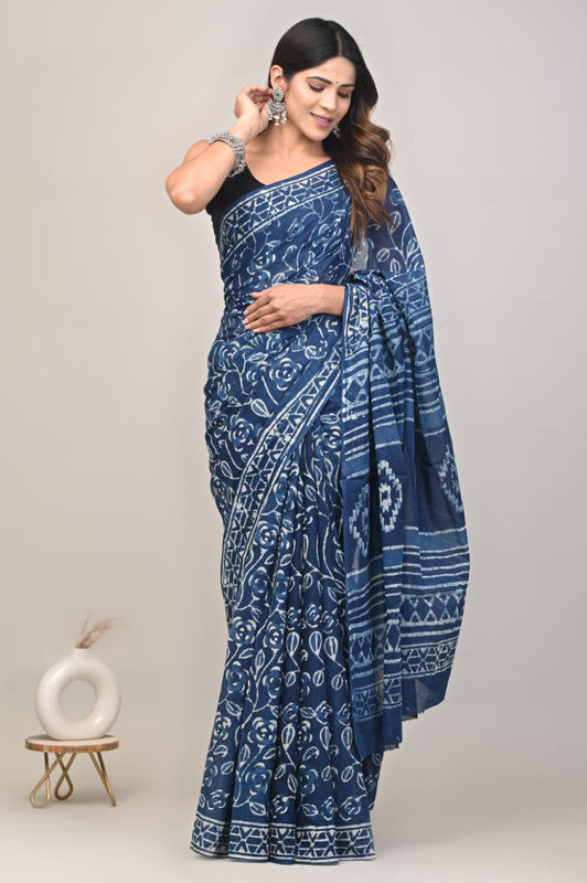 Blue & White Coloured Beautiful Hand Block printed Women Daily/Party wear Pure Cotton Saree with Blouse!!