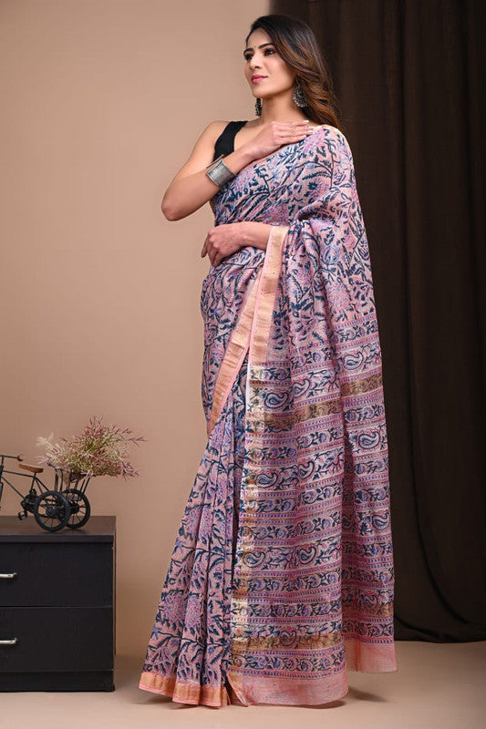 Pink & Multi Coloured Hand Block Printed Women Designer Party wear Maheshwari Cotton Silk Saree with Runnin Blouse!!