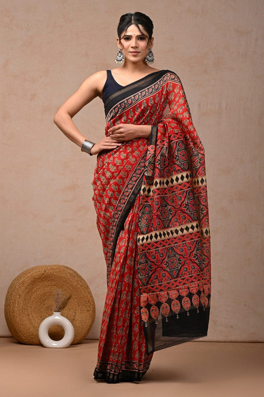 Red & Multi Coloured Hand Block Printed Women Designer Party wear Chanderi Cotton Silk Saree with Runnin Blouse!!