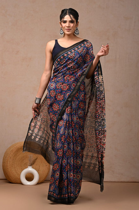 Blue & Multi Coloured Hand Block Printed Women Designer Party wear Chanderi Cotton Silk Saree with Runnin Blouse!!