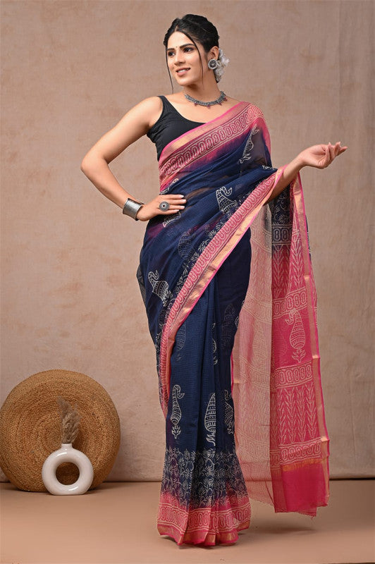 Navy Blue & Pink Coloured Hand Block Printed Women Designer Party wear Kota Doria Cotton Saree with Runnin Blouse!!