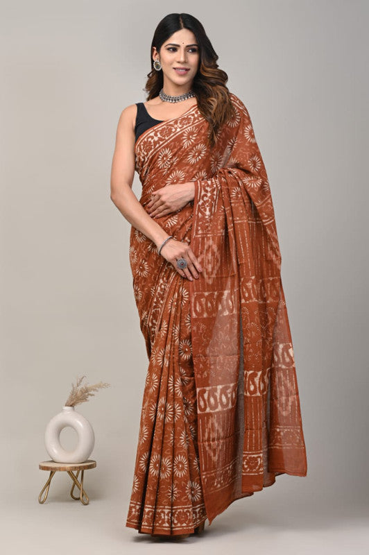 Brown & White Coloured Beautiful Hand Block printed Women Daily/Party wear Pure Cotton Saree with Blouse!!