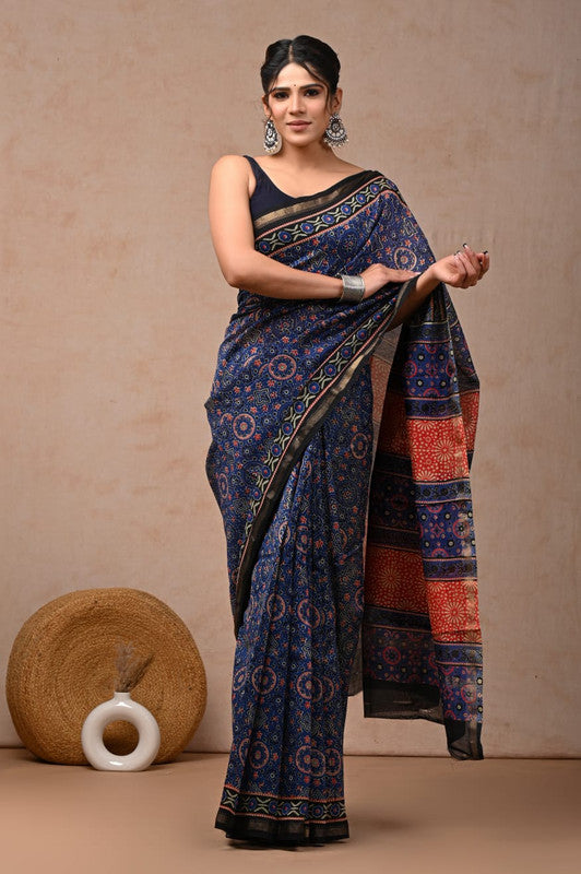 Blue & Multi Coloured Hand Block Printed Women Designer Party wear Chanderi Cotton Silk Saree with Runnin Blouse!!