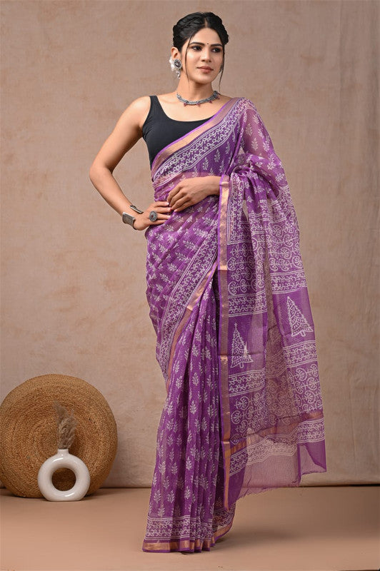 Purple & White Coloured Hand Block Printed Women Designer Party wear Kota Doria Cotton Saree with Runnin Blouse!!