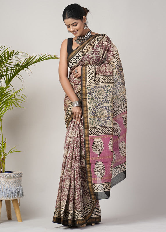 Pink & Multi Coloured Hand Block Printed Women Designer Party wear Maheshwari Cotton Silk Saree with Runnin Blouse!!