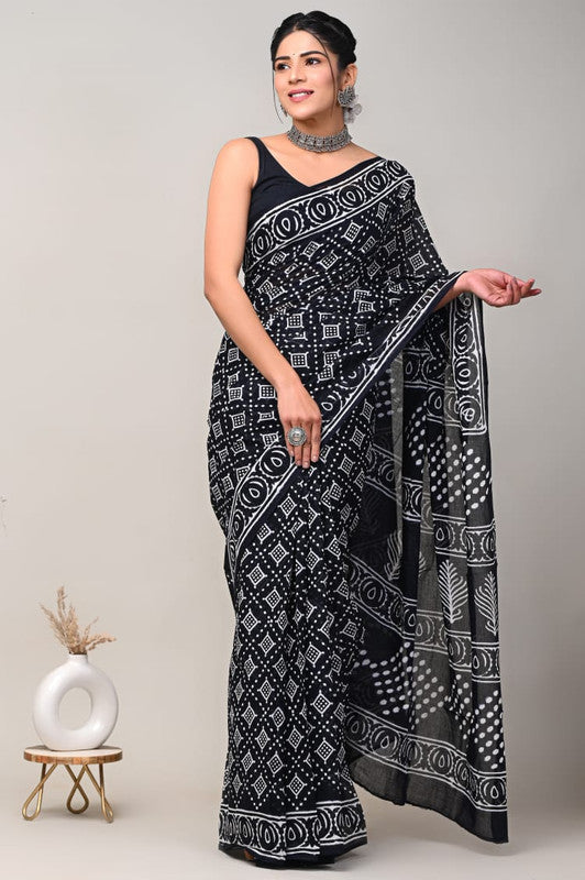 Black & White Coloured Beautiful Hand Block printed Women Daily/Party wear Pure Cotton Saree with Blouse!!