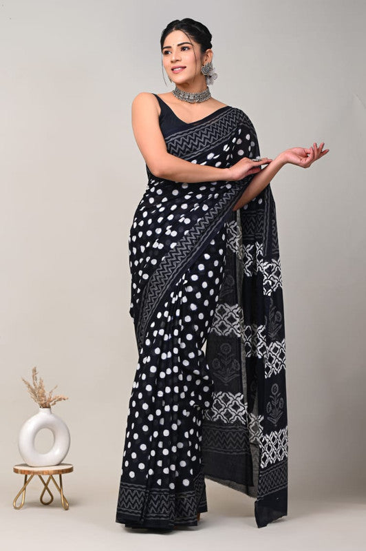 Black & White Coloured Beautiful Hand Block printed Women Daily/Party wear Pure Cotton Saree with Blouse!!