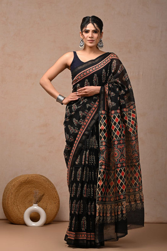 Black & Multi Coloured Hand Block Printed Women Designer Party wear Chanderi Cotton Silk Saree with Runnin Blouse!!