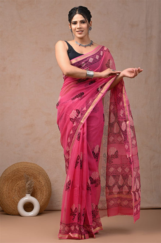 Pink & Multi Coloured Hand Block Printed Women Designer Party wear Kota Doria Cotton Saree with Runnin Blouse!!