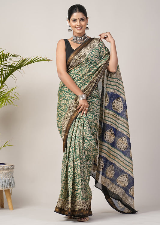 Green & Multi Coloured Hand Block Printed Women Designer Party wear Maheshwari Cotton Silk Saree with Runnin Blouse!!