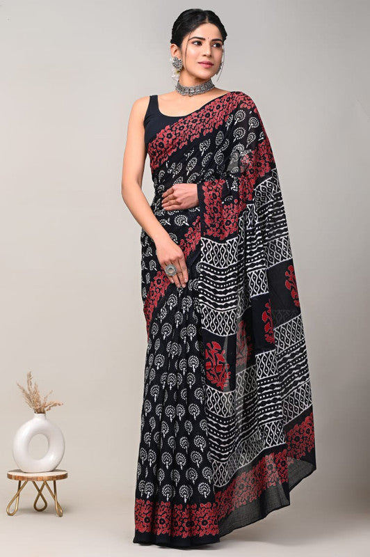 Black & Multi Coloured Beautiful Hand Block printed Women Daily/Party wear Pure Cotton Saree with Blouse!!