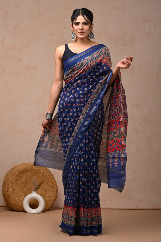 Blue & Multi Coloured Hand Block Printed Women Designer Party wear Chanderi Cotton Silk Saree with Runnin Blouse!!