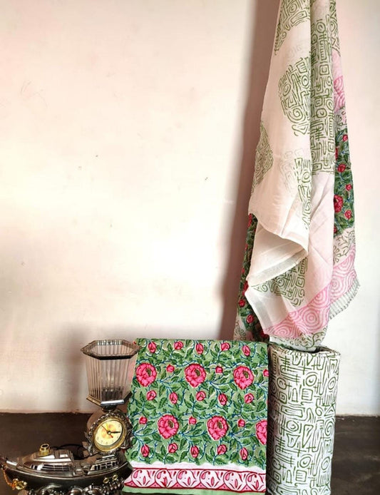 Green & Multi Coloured Unstitched Pure Cotton Hand Block Printed Women Party/Daily wear Dress Material Suit- Top with Bottom & Cotton Dupatta!!