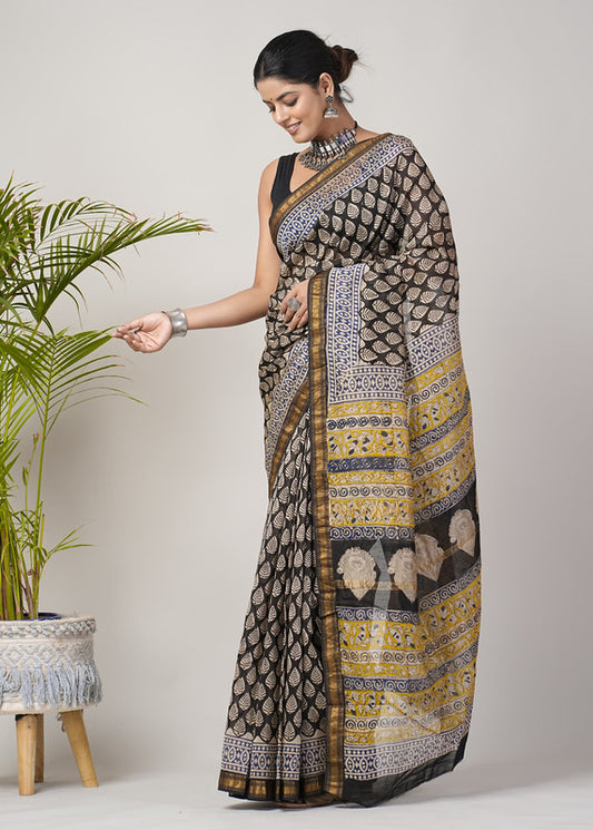 Brown & Multi Coloured Hand Block Printed Women Designer Party wear Maheshwari Cotton Silk Saree with Runnin Blouse!!