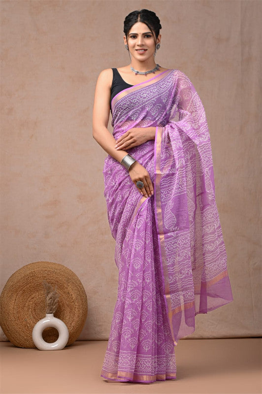 Purple & White Coloured Hand Block Printed Women Designer Party wear Kota Doria Cotton Saree with Runnin Blouse!!