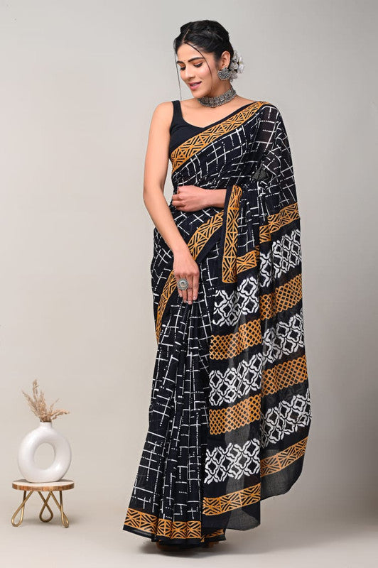 Black & Multi Coloured Beautiful Hand Block printed Women Daily/Party wear Pure Cotton Saree with Blouse!!