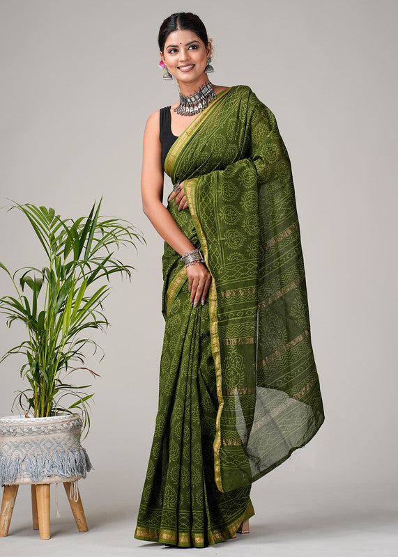 Green & Off White Coloured Hand Block Printed Women Designer Party wear Maheshwari Cotton Silk Saree with Runnin Blouse!!