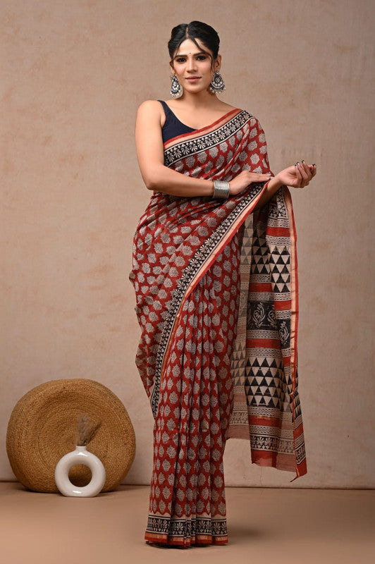 Brick Red & Multi Coloured Hand Block Printed Women Designer Party wear Chanderi Cotton Silk Saree with Runnin Blouse!!