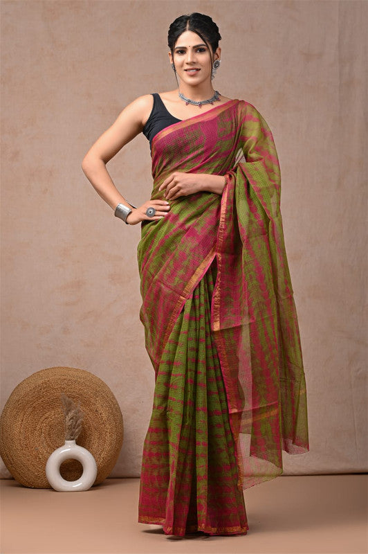 Mehendi Green & Marron Coloured Hand Block Printed Women Designer Party wear Kota Doria Cotton Saree with Runnin Blouse!!