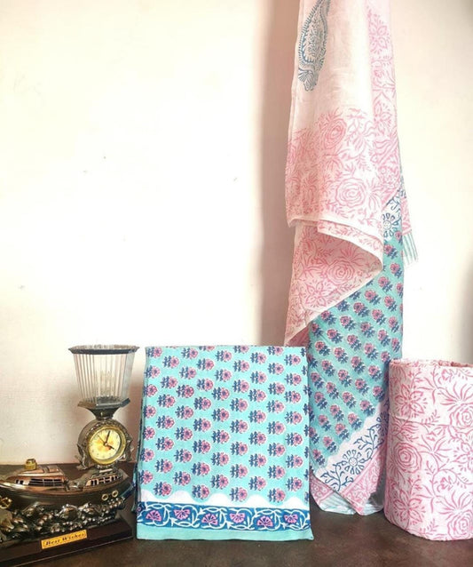 Sky Blue & Pink Coloured Unstitched Pure Cotton Hand Block Printed Women Party/Daily wear Dress Material Suit- Top with Bottom & Cotton Dupatta!!