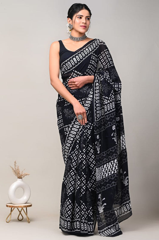 Black & White Coloured Beautiful Hand Block printed Women Daily/Party wear Pure Cotton Saree with Blouse!!