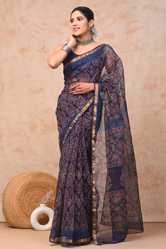 Navy Blue & Multi Coloured Hand Block Printed Women Designer Party wear Kota Doria Cotton Saree with Runnin Blouse!!