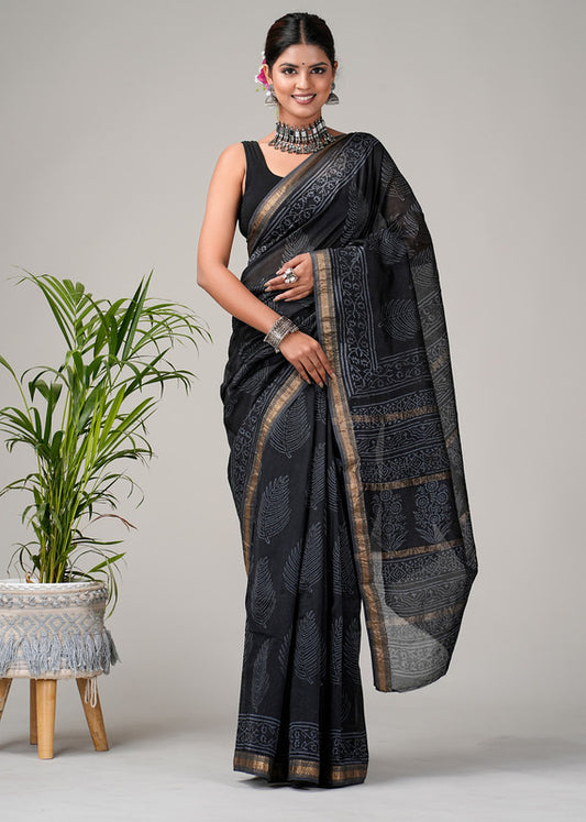 Black & Multi Coloured Hand Block Printed Women Designer Party wear Maheshwari Cotton Silk Saree with Runnin Blouse!!