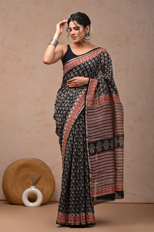 Black & Multi Coloured Hand Block Printed Women Designer Party wear Chanderi Cotton Silk Saree with Runnin Blouse!!