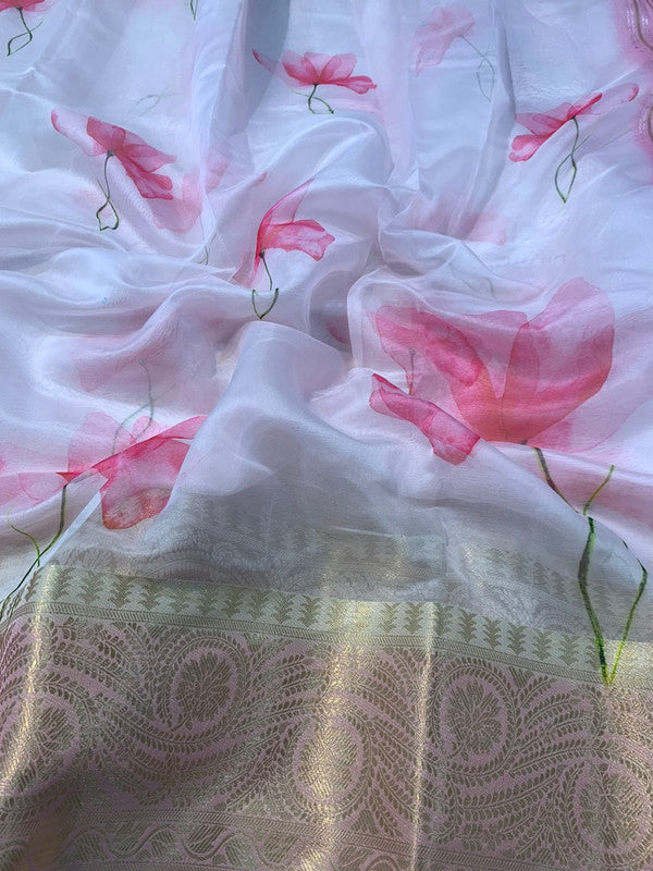 Light Pink & Multi Coloured Pure Organza Silk with Pichwai print with Sequence Chitt Pallu with 5 inch Gold Weaved Border Women Party wear Silk Saree with Blouse!!