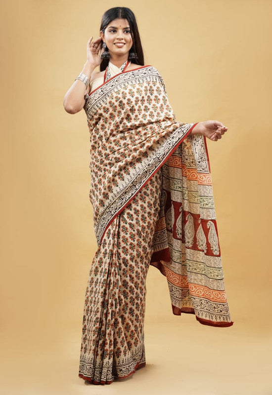 Beige & Multi Coloured Beautiful Hand Block printed Women Daily/Party wear Pure Cotton Saree with Blouse!!