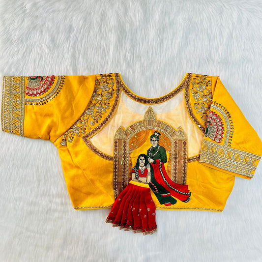 Yellow Milan Silk Heavy Embroidery Raja Rani Bridal work Ready made Designer Wedding Blouse!!